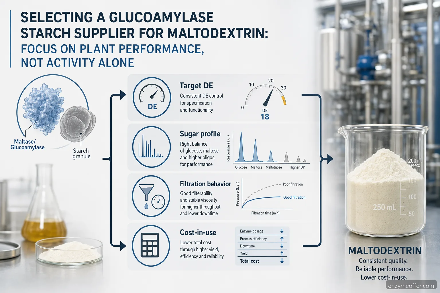 glucoamylase starch supplier for maltodextrin checklist showing DE target, sugar profile, filtration, cost-in-use