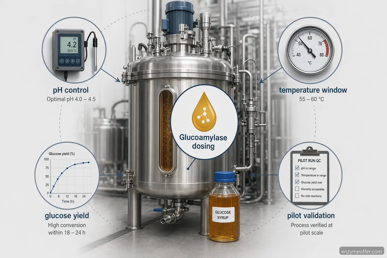 glucoamylase supplier for glucose syrup dosage, pH, and temperature infographic showing yield, QC, and pilot checks