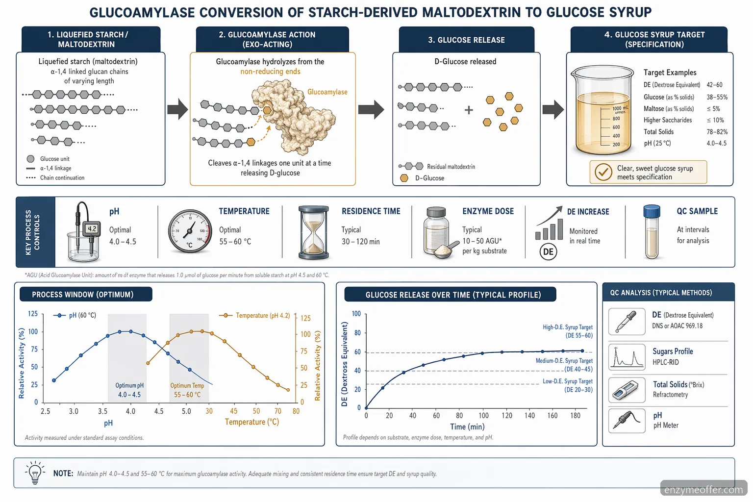 industrial glucoamylase starch maltodextrin process diagram with pH, temperature, reaction flow, and glucose release curve