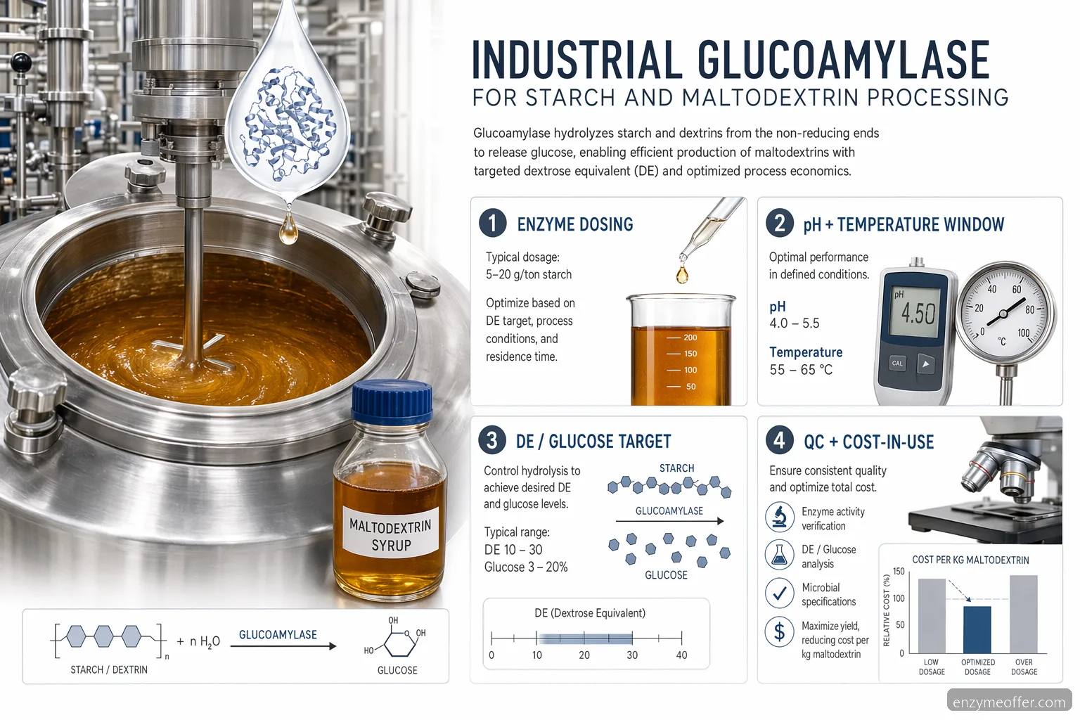 industrial glucoamylase starch maltodextrin guide showing enzyme dosing, DE targets, QC checks, and cost-in-use