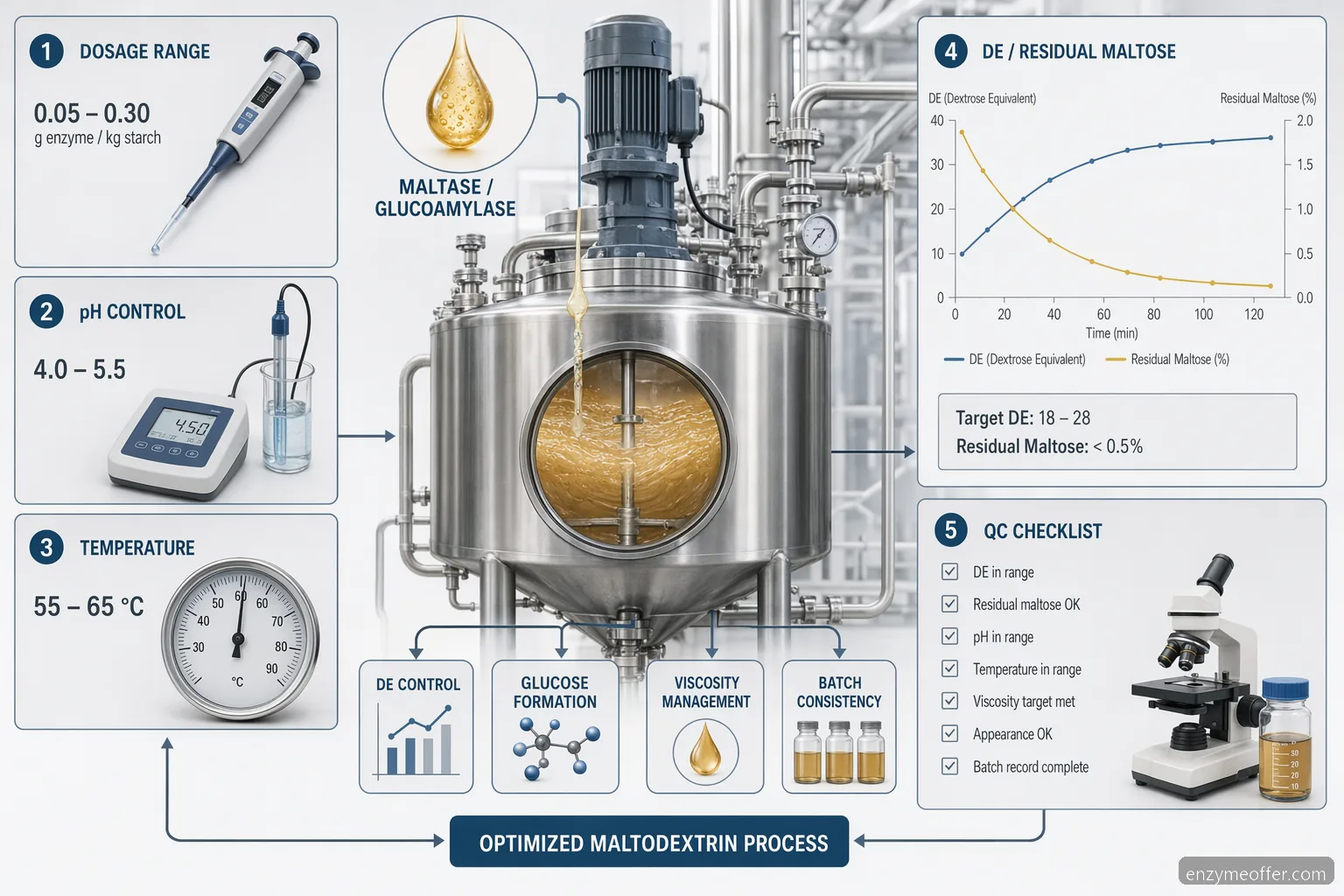 maltase enzyme supplier for maltodextrin guidance, with dosage, pH, temperature, QC, and DE control icons